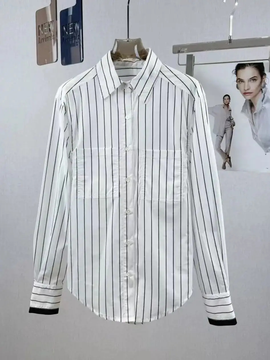 

Versatile fashionable striped cotton shirt with pearl embroidery sleeves