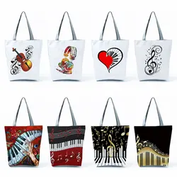 Fashion Floral Women Black Handbags Piano Musical Note Print Tote Graphic Shoulder Bag Female Ladies Casual Art Shopping Bags