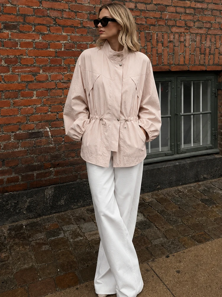 HH Casual Pink Stand-Collar Drawstring Waist Trench Jacket For Women 2026 Autumn Lantern Sleeves Lightweight Windbreaker