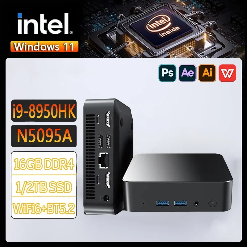 

Мини-компьютер Windows 11, 16 ГБ, 1 ТБ, 2 ТБ SSD, портативный мини-ПК Intel Core i9 8950HK/N5095A, 1000 МБ, Ethernet, игровой ПК, настольный мини-ПК