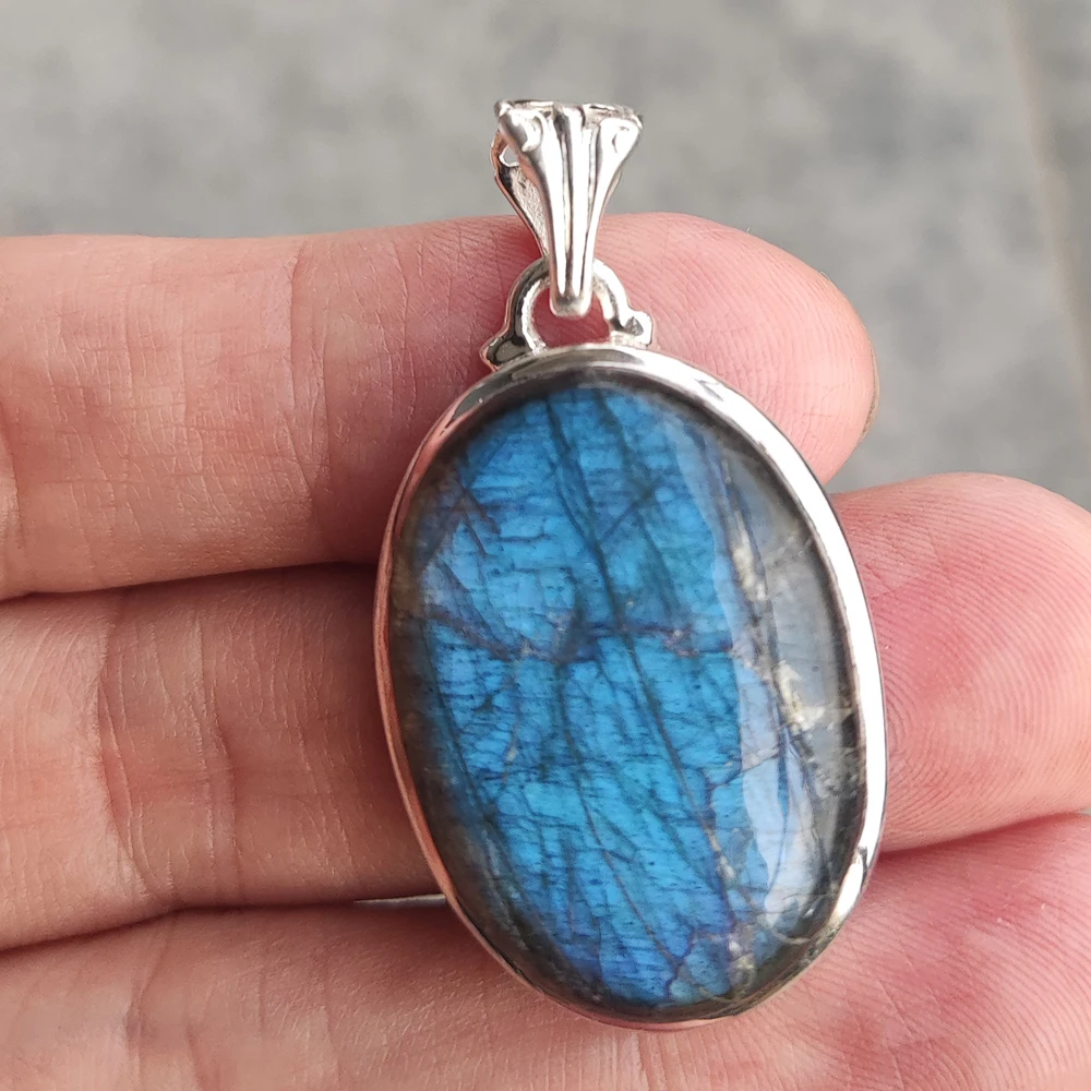 

Nature Blue Fire Labradorite Pendant 925 Sterling Silver Jewelry, 42 mm, AP5281