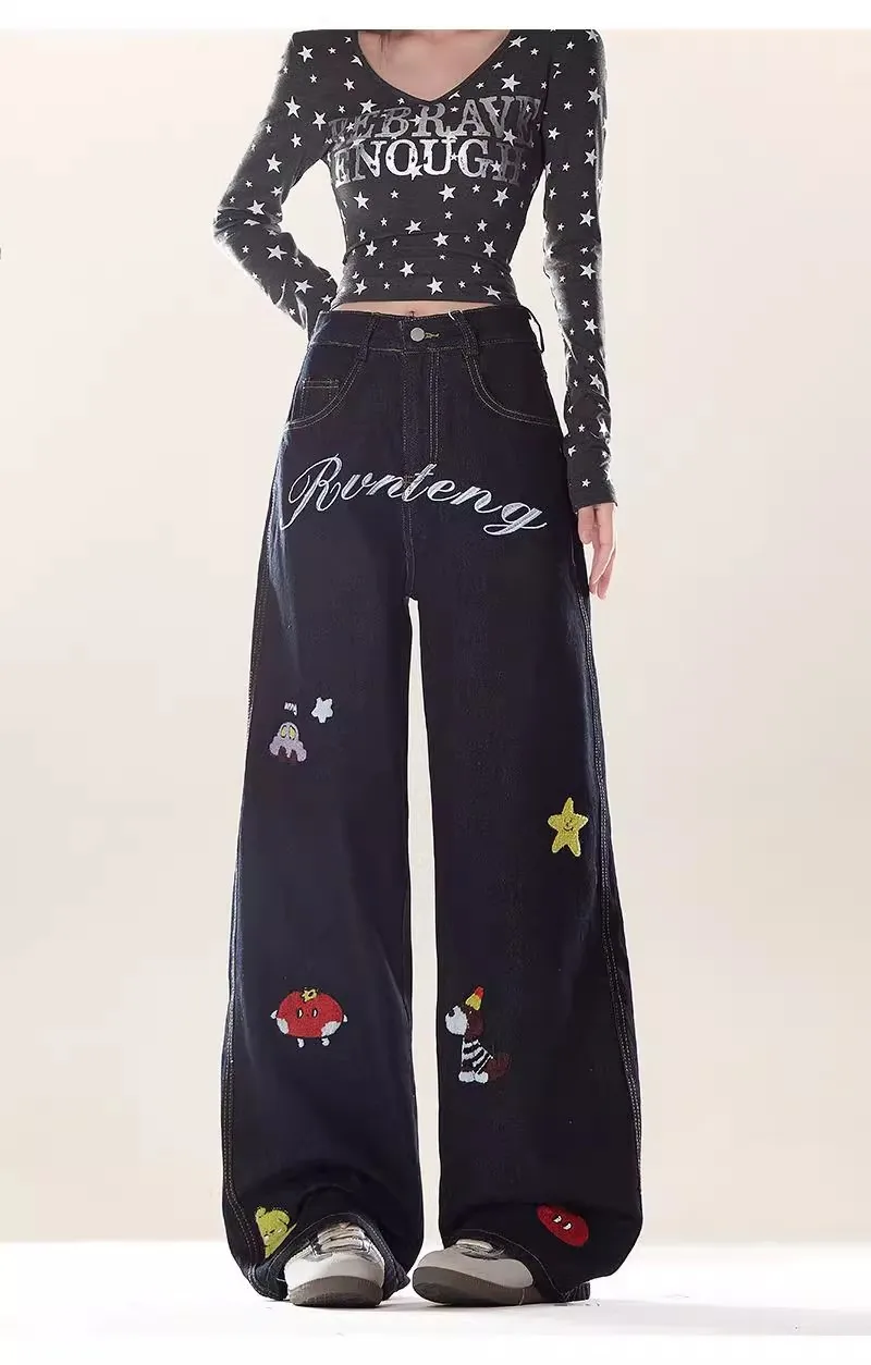 

Women's Black Retro Cartoon Letters Embroidered Jeans Harajuku 2025 Autumn New American Street Loose Wide Leg Pants Trousers