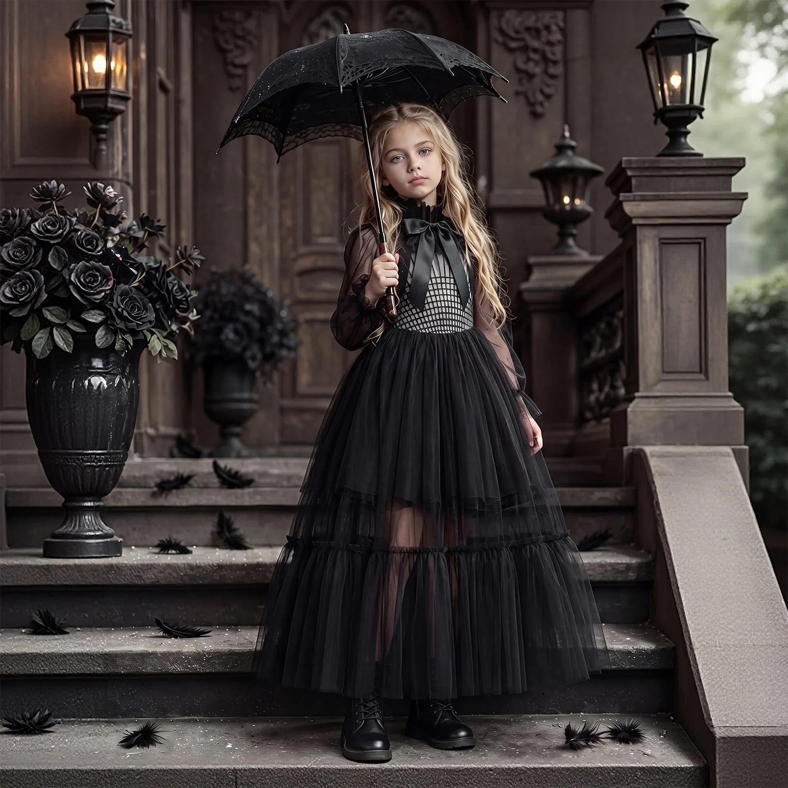 Mädchen-Partykleider, schwarze Spitze, langes Kleid, 4–12 Jahre alt, Karneval, Party, Tanz, Abendkleid, 2025, Halloween-Kostüm für Mädchen