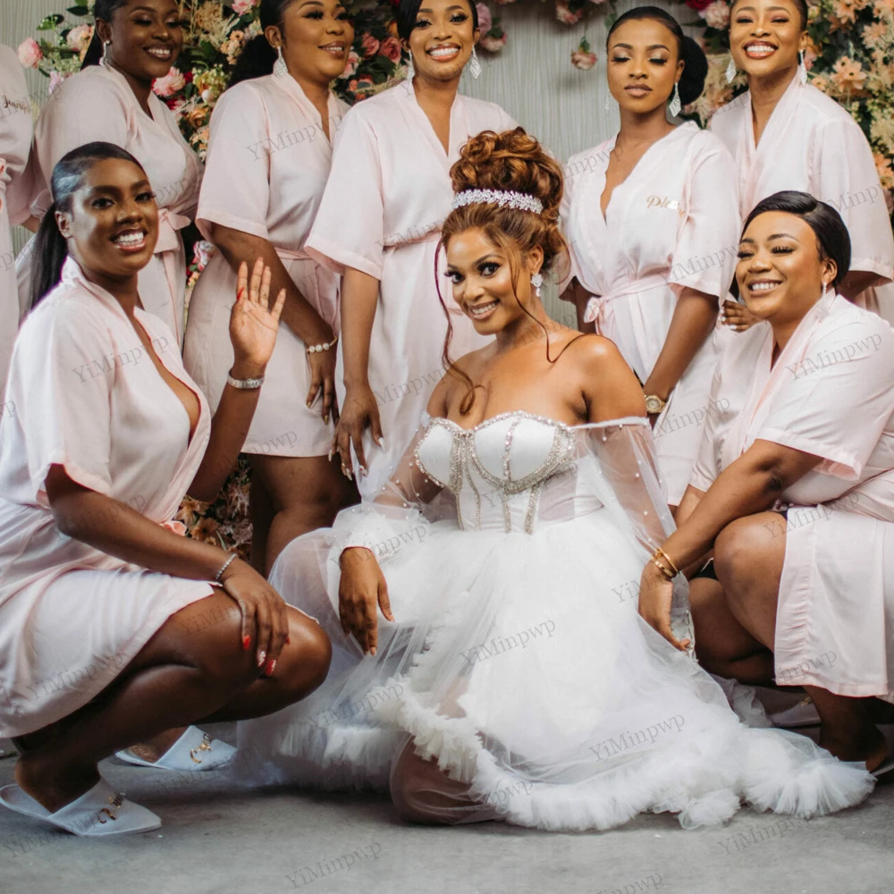 Sweetheart Bride Robes for Weddings Off Shoulder Puff Sleeve Side Split Sweep Train Ruched Beaded Bride to Be Reception Dress