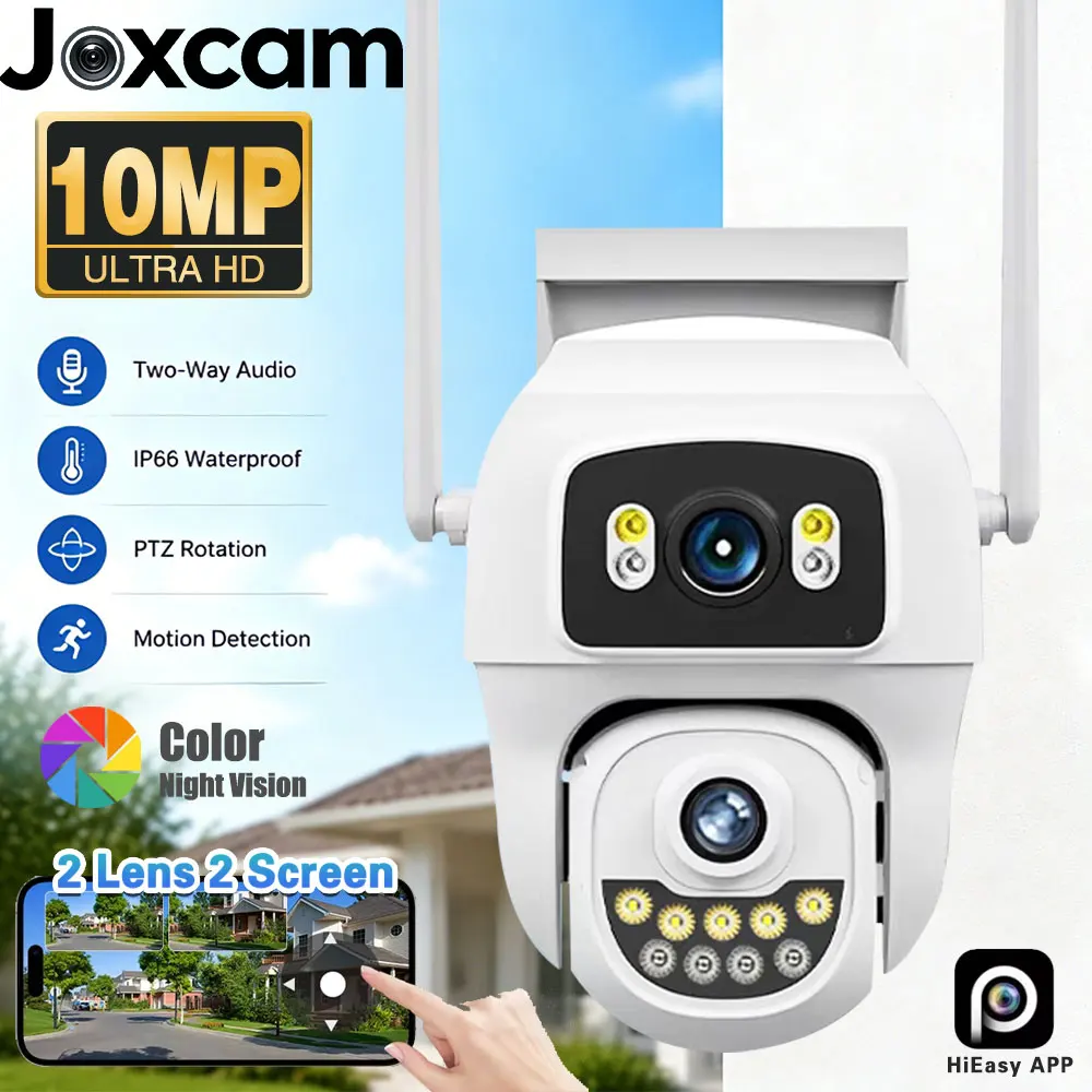 10MP Dual Lens WiFi PTZ IP Camera IP66 Weatherproof Dual Screen AI Human Vehicle Detection Smart Color Surveillance Outdoor Camera HiEasy APP