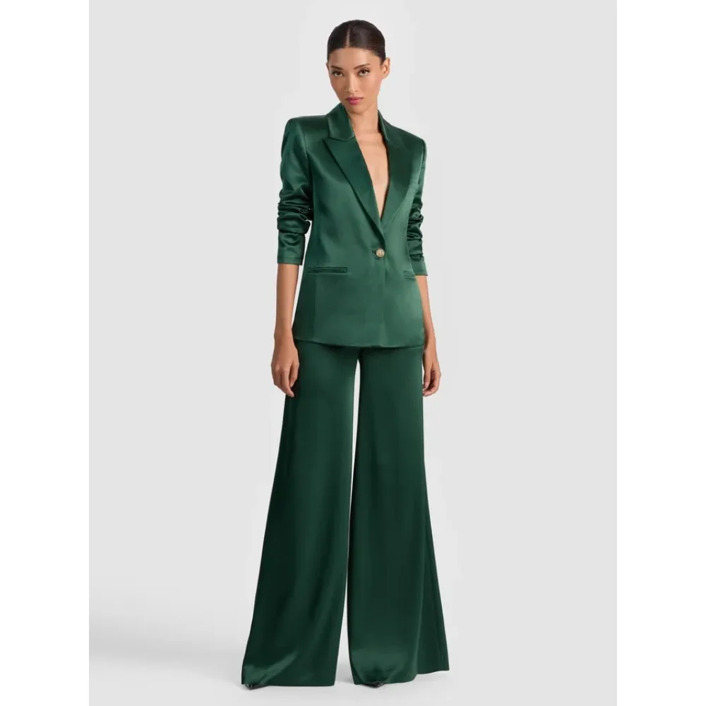 Terno feminino de cetim verde esmeralda – conjunto de blazer e calças com botão único para negócios e eventos formais