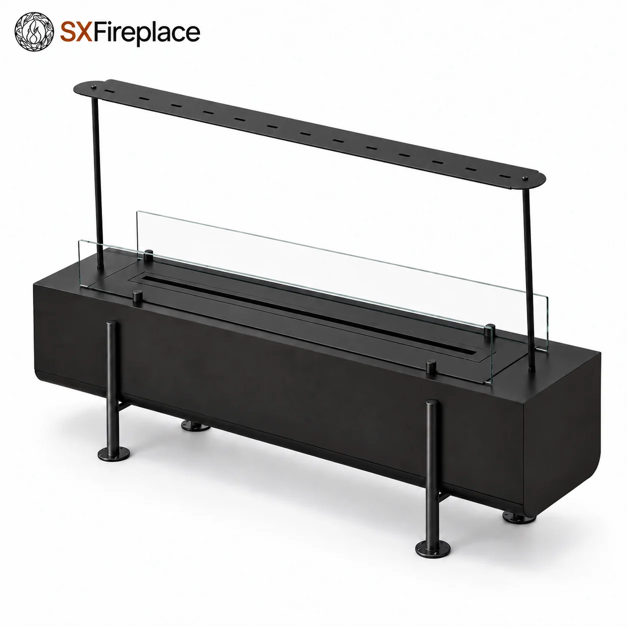 SXFireplace Modern Freestanding Linear Bioethanol Fireplace with Black Metal Body and Bronze Tone Legs