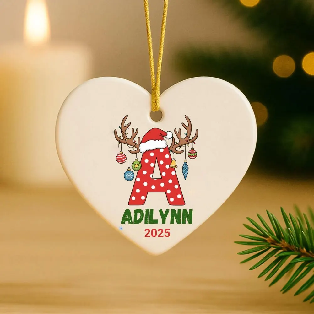 2026 New Custom Name Year Heart Shape Ceramic Christmas Ornament Santa Reindeer Monogram Alphabet, Xmas Tree Pendant for Kids.