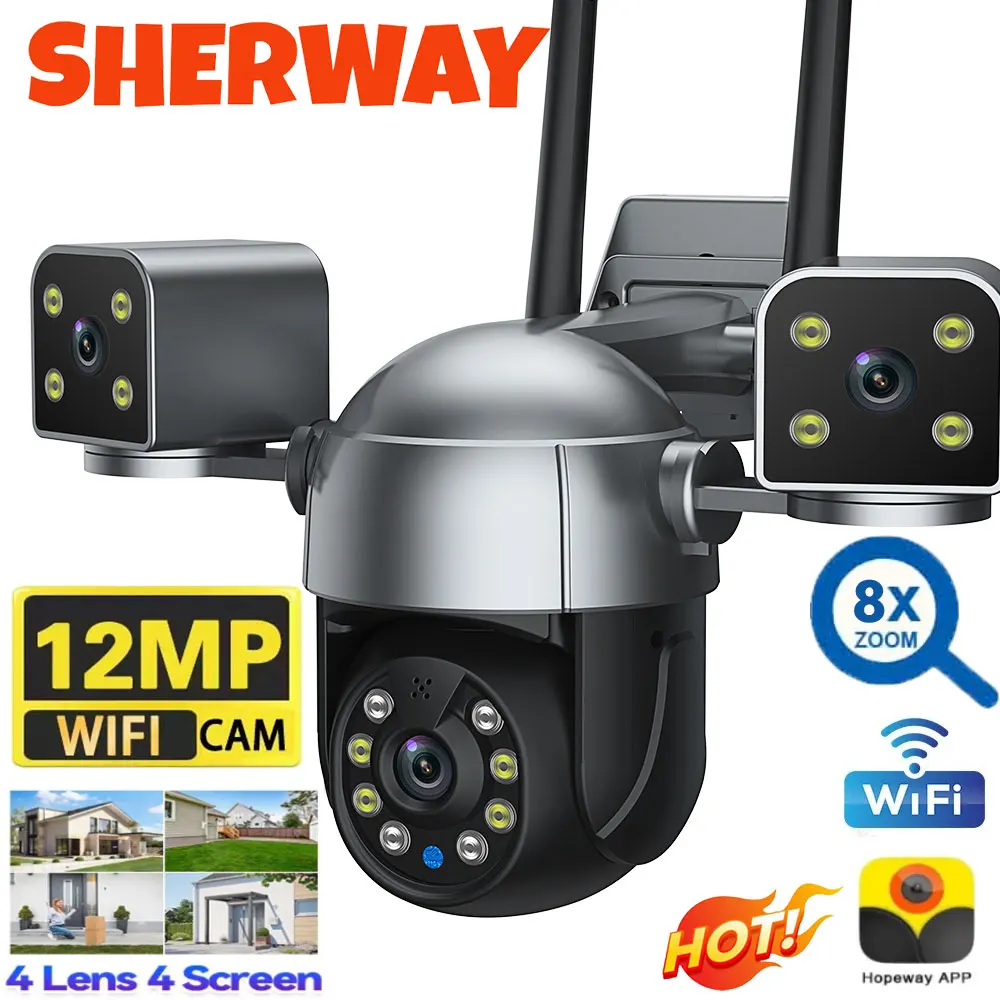 12MP 6K WiFi Camera Outdoor Three Lens Three Screens 8X Zoom PTZ Camera Auto Tracking Security Protection Video Surveillance Cam