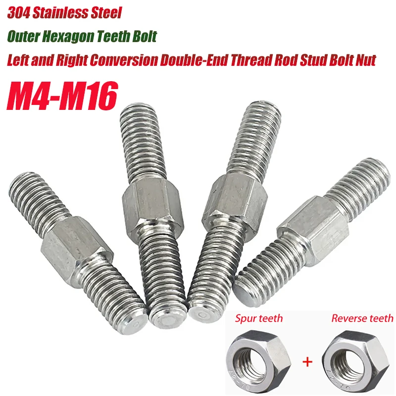 M4 M5 M6 M8 M10-M16 304 Stainless Steel Outer Hexagon Teeth Bolt Left and Right Conversion Double-End Thread Rod Stud Bolt Nut