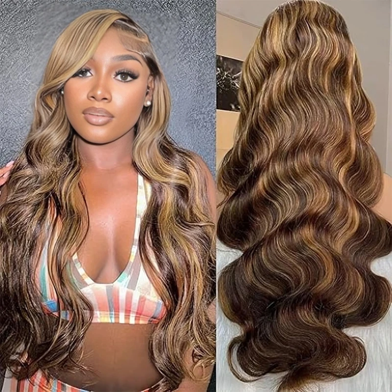 30 40 Inch 4/27 Highlight Gekleurde Ombre Blonde Body Wave Pruik Menselijk Haar Brazilian 13X6 Hd Transparant Lace Frontale Pruik Voor Vrouwen