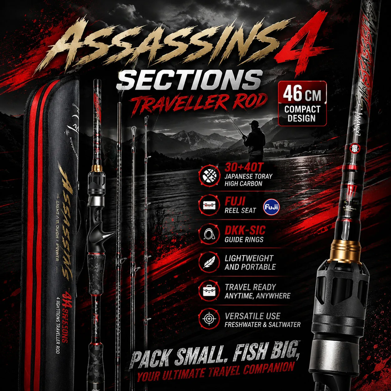 

HASIDA Assassins 4 Sections Portable DKK-SIC Guide Fuji Seat Fast Action 1.68m-1.8m High Carbon Sping&Caster Travel Fishing Rod