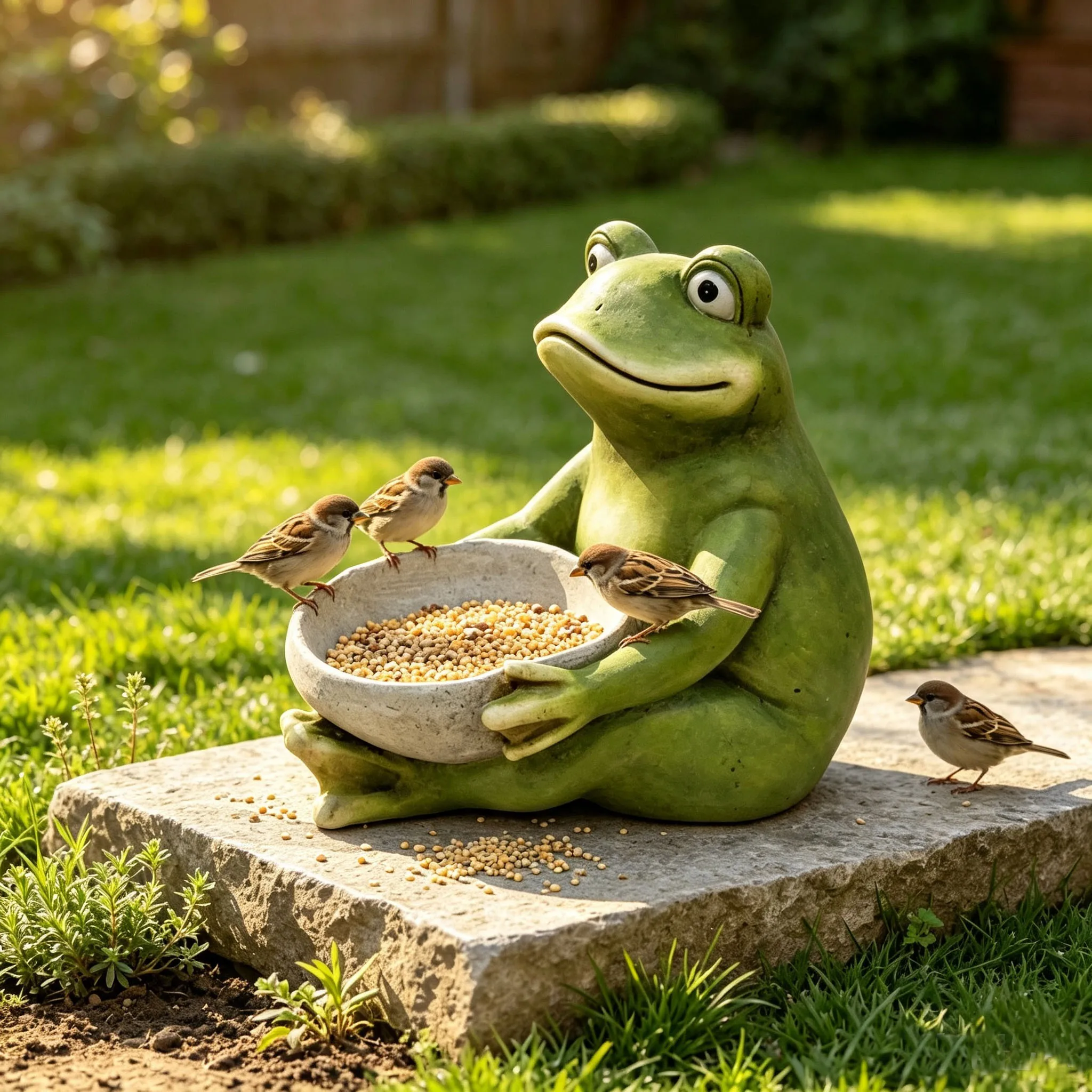 15'' Moss Green Frog Statue Holding Bowl, Cute Animal Bird Feeder Figurine, Outdoor Garden Landscape Sculpture Ornament for Front Porch, Backyard Lawn, Patio, Walkway Home Decor