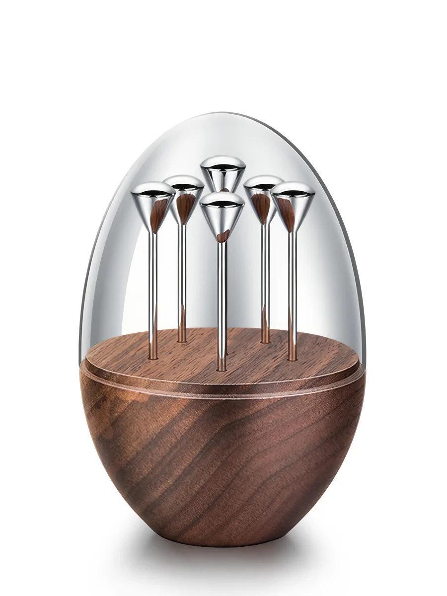 Walnut Toothpick Holder with Stainless Steel Cover, 6Pcs Fruit Picks, Cocktail Picks, Toothpick Box for Home Decor, Party, Bar