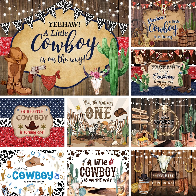 

Little Cowboy on the Way Baby Shower Backdrop Baby Boy 1st Birthday Decoration Banner Western Cowboy Party Photo Background