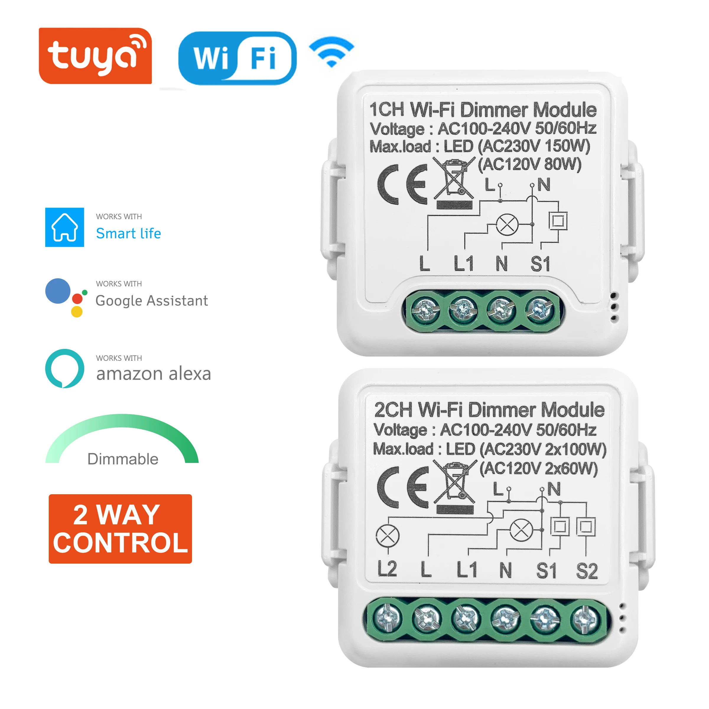 Tuya Wifi Smart Light Dimmer Switch Module 10A Support 2 Way Control 1 2 Gang Compatible with Alexa Google Home Smart Life App