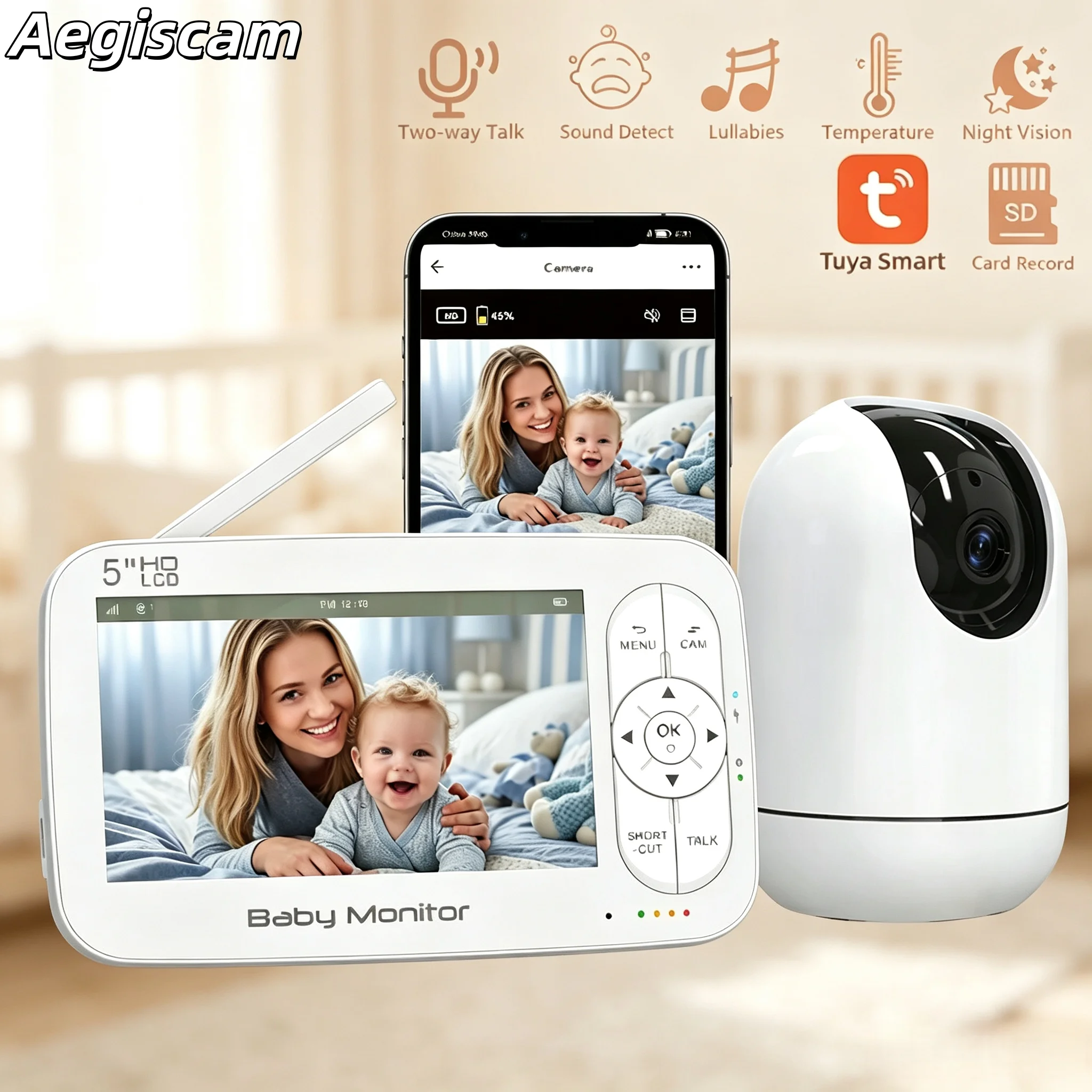 HD 1080P WiFi Video Baby Monitor 5 Inch Display PTZ Pan Tilt Zoom Camera Motion Cry Detection Infrared Night Vision Lullaby Music Mobile APP Remote View Baby Care Nursery Indoor Safety Monitor