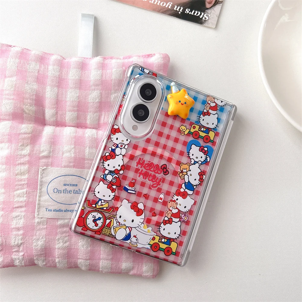 Koreańskie etui na telefon z motywem kreskówkowego kota w kratę, z magnetycznym uchwytem, do Samsung Galaxy Z Fold 8 Ultra, Fold 7, Fold 6, Fold 5, z funkcją podstawki Magsafe i łańcuszkiem. — zdjęcie produktu 5
