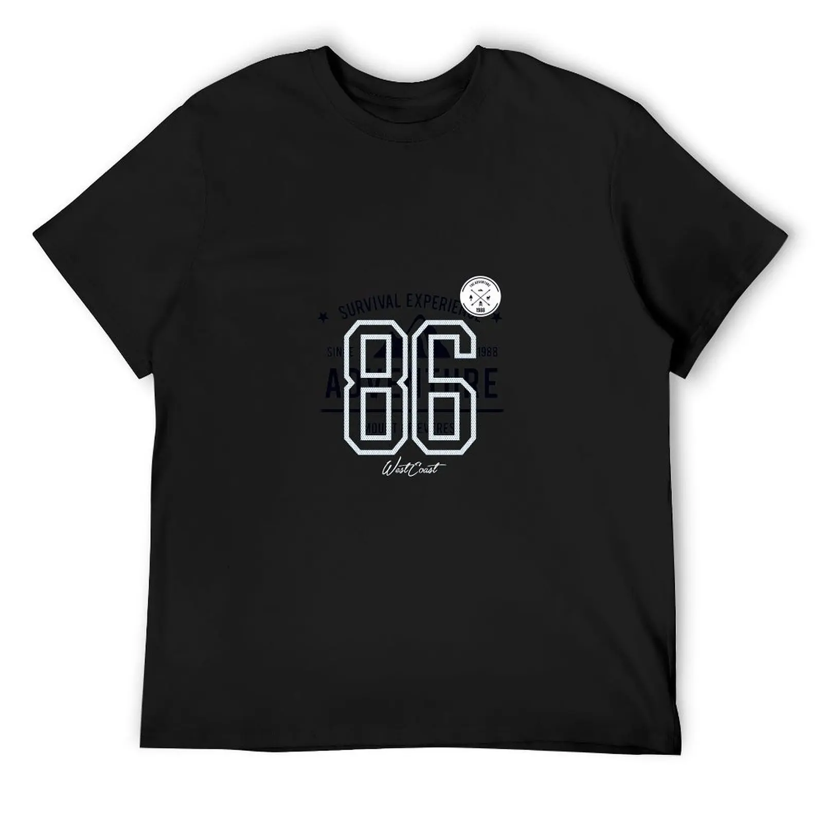 West Coast 86 Survival Experience 1988 Badge Print Black Cotton Crew Neck Casual Short Sleeve T-Shirt