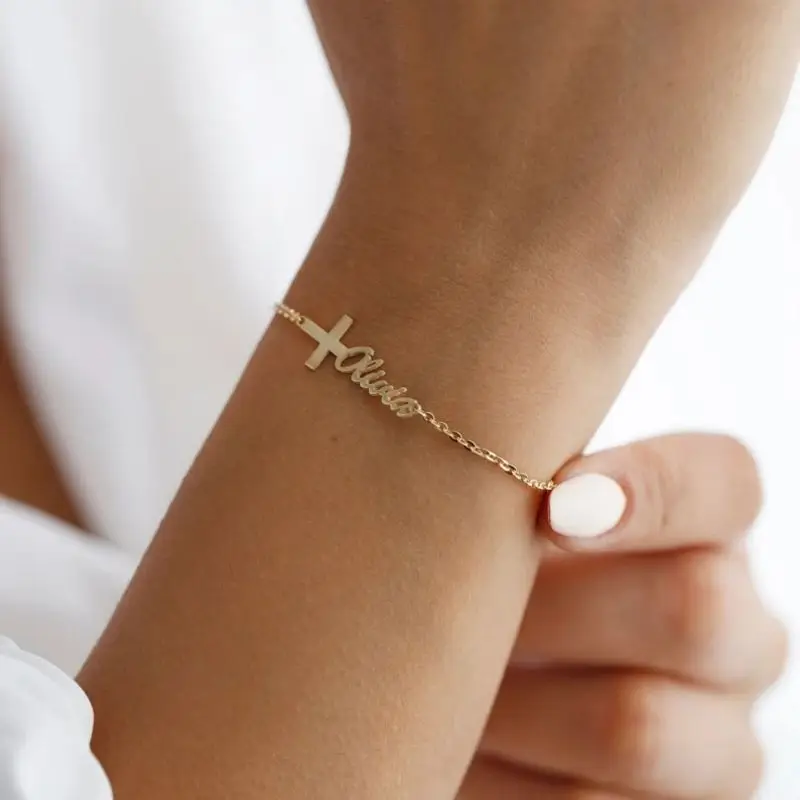 

Personalized Cross Bracelet With Name Stainless Steel Christian Jewelry In Gold Customized Baptism Gift Christmas Gift