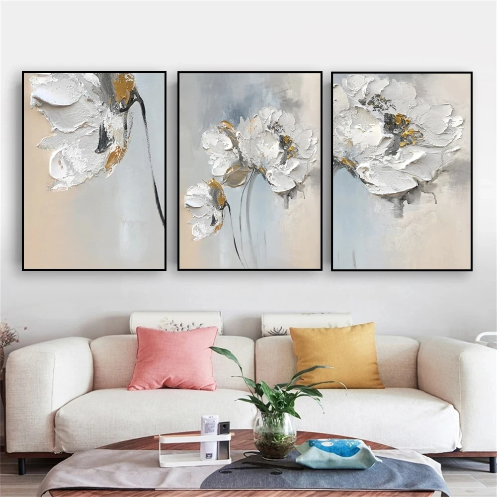 Modern Floral Textured Wall Art Canvas Prints Abstract White Flowers Painting,Poster,Home Living Room Decor Picture Cuadros Unfr