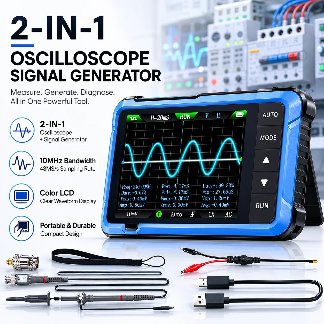 

Pocket Oscilloscope 2in1, Upgrade DSO510 Mini Oscilloscope 10MHz 48MS/s, Signal Generator with 13 Waveform, Data Transfer