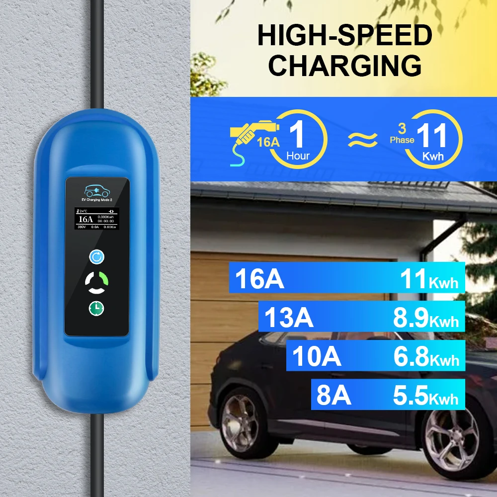 Kolanky Portable EV Charger 11KW 3P Type 2 IEC-62169 Adjust Current Timer Charging For EU Hybrid Eletric Vehicle Cars 5M Cable