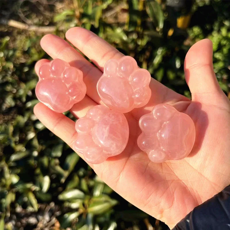 Natural Rose Quartz Carved Cat Dog Footprints Funny Kid Gift Semi Precious Gemstone Pink Crystal Pet Memorial Pawprint Figurine