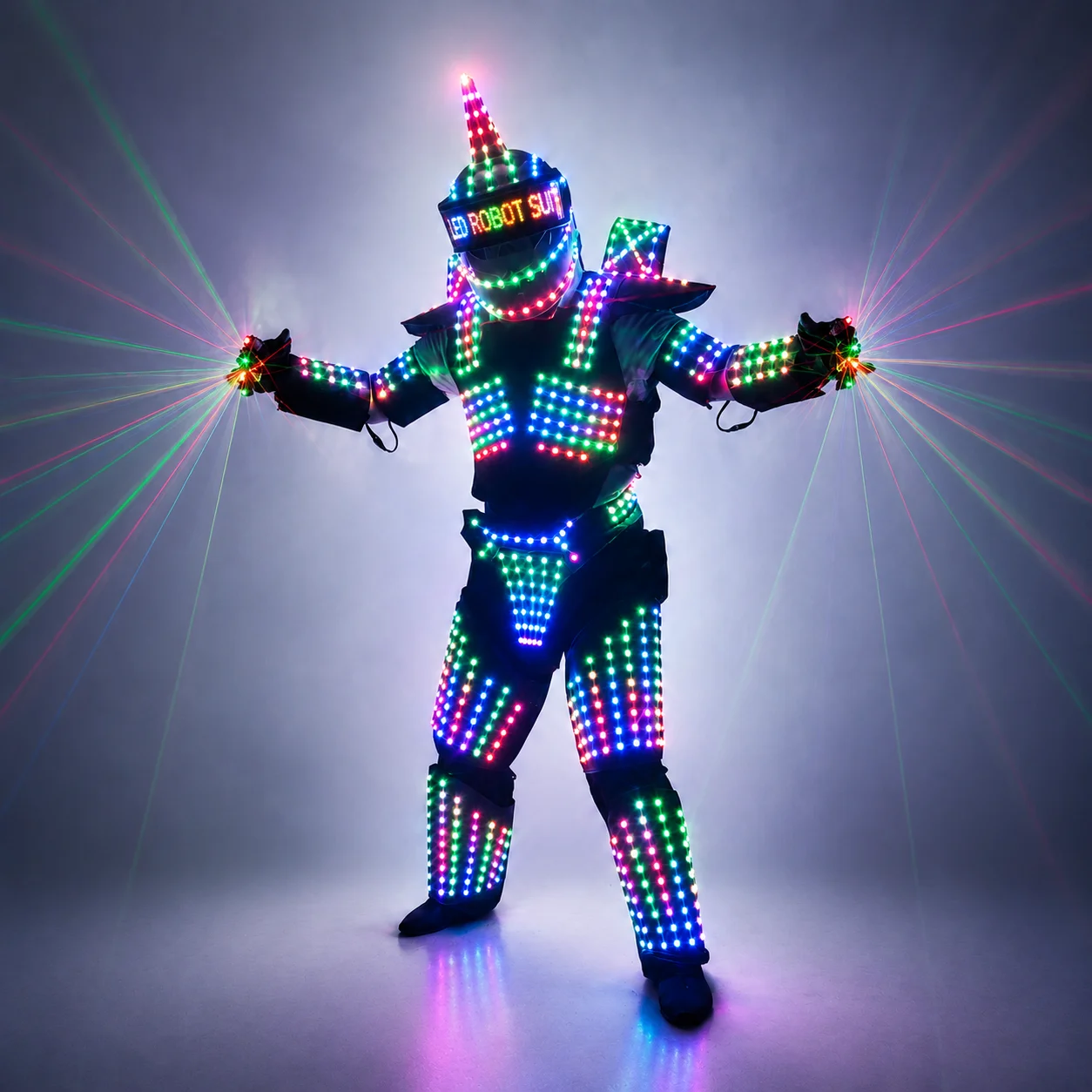 LED Light up Robot Armor Suit Party Performance Outfit with Helmet for Club Disco Wear