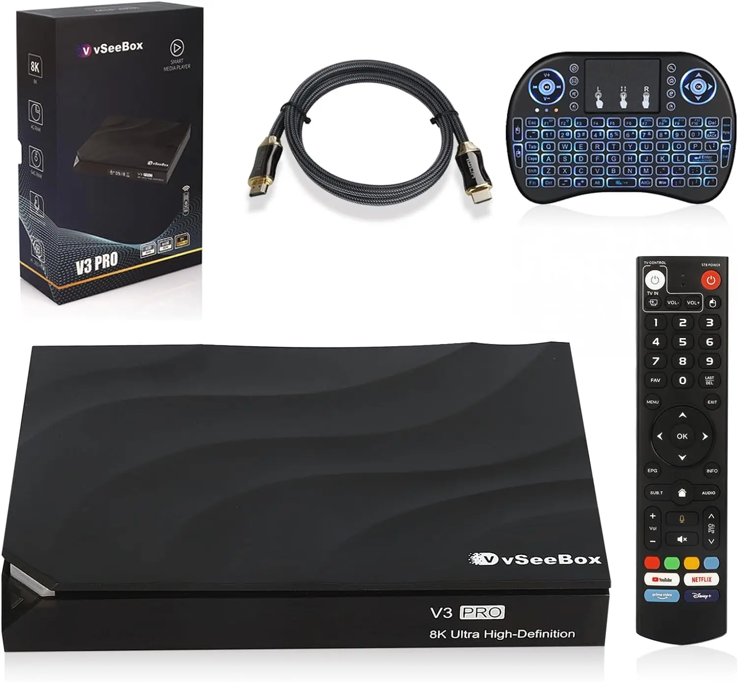 100% NEW  vSeeBox V3 Pro Bundle 8K HDMI, 64GB Card/Drive, WiFi Extender, Keyboard