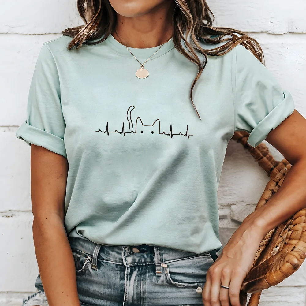 

T- shirt 100% Cotton Top Summer Cute Cat Women short sleeve vintage Black Line Art Graphics Printed Oversized Unisex T shirt