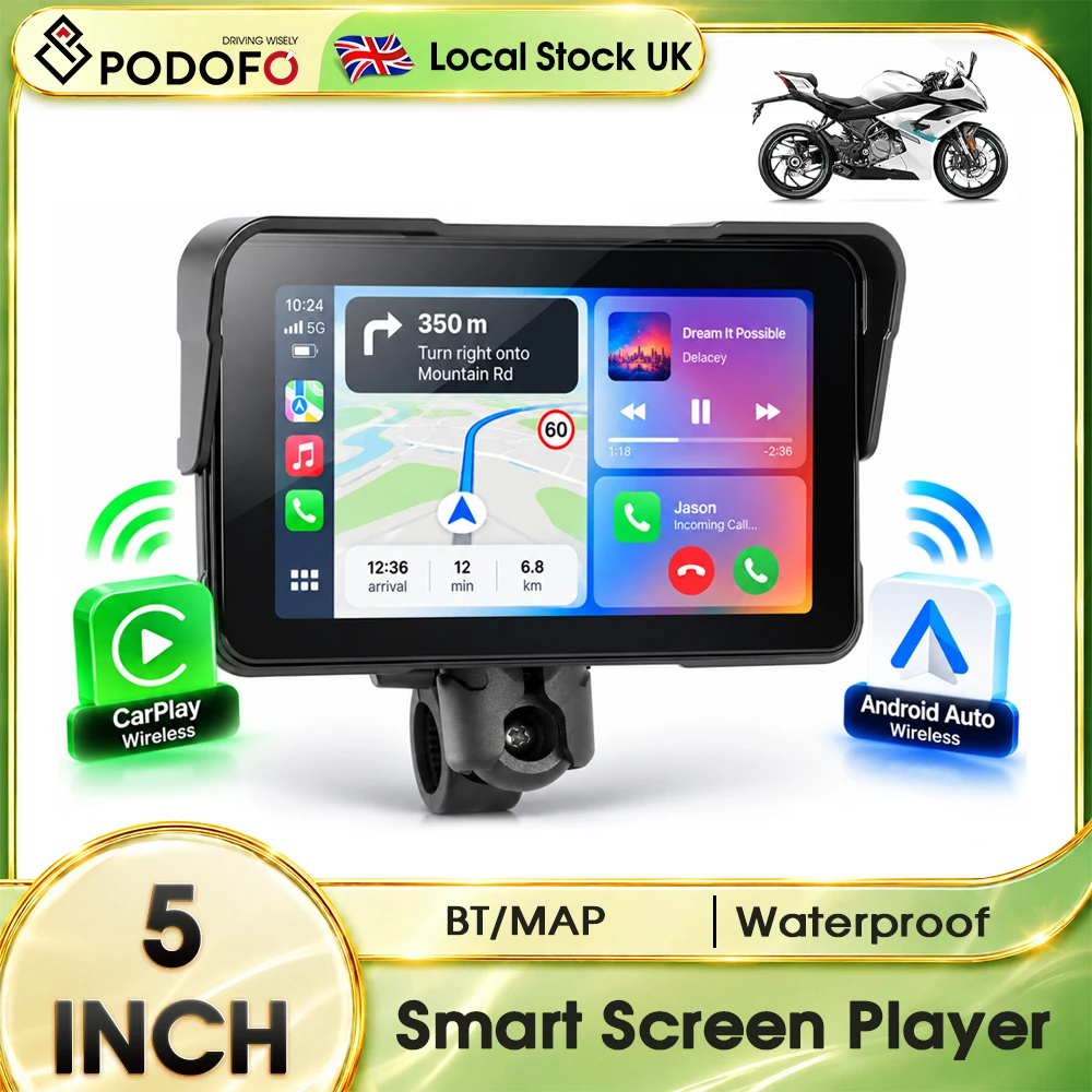 PODOFO 5-Inch Smart Player IP68 Waterproof CarPlay Navigation