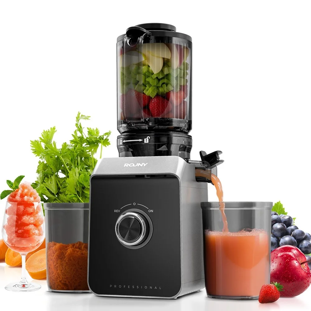 ROUNY Slow-Masticating-Entsafter, 130 mm großer Einfüllschacht, Kaltpress-Entsafter, 1,8-Liter-Kammer, 150 W, leiser Entsafter für ganze Früchte und Gemüse