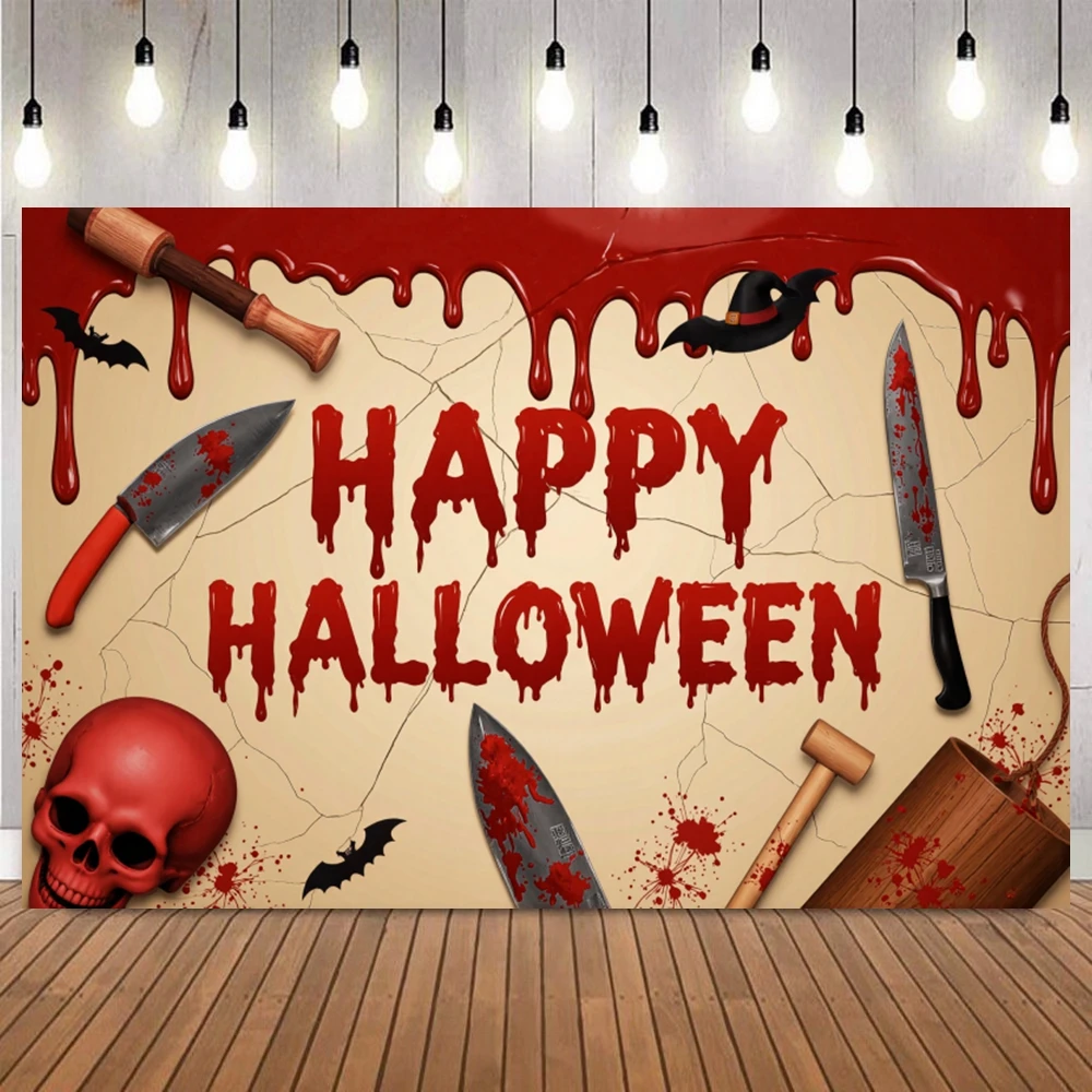 

Happpy Halloween Photography Background Scary Blood Splatter Red Blood Horror Skeleton Cutting Tool Banner Photo Backdrop