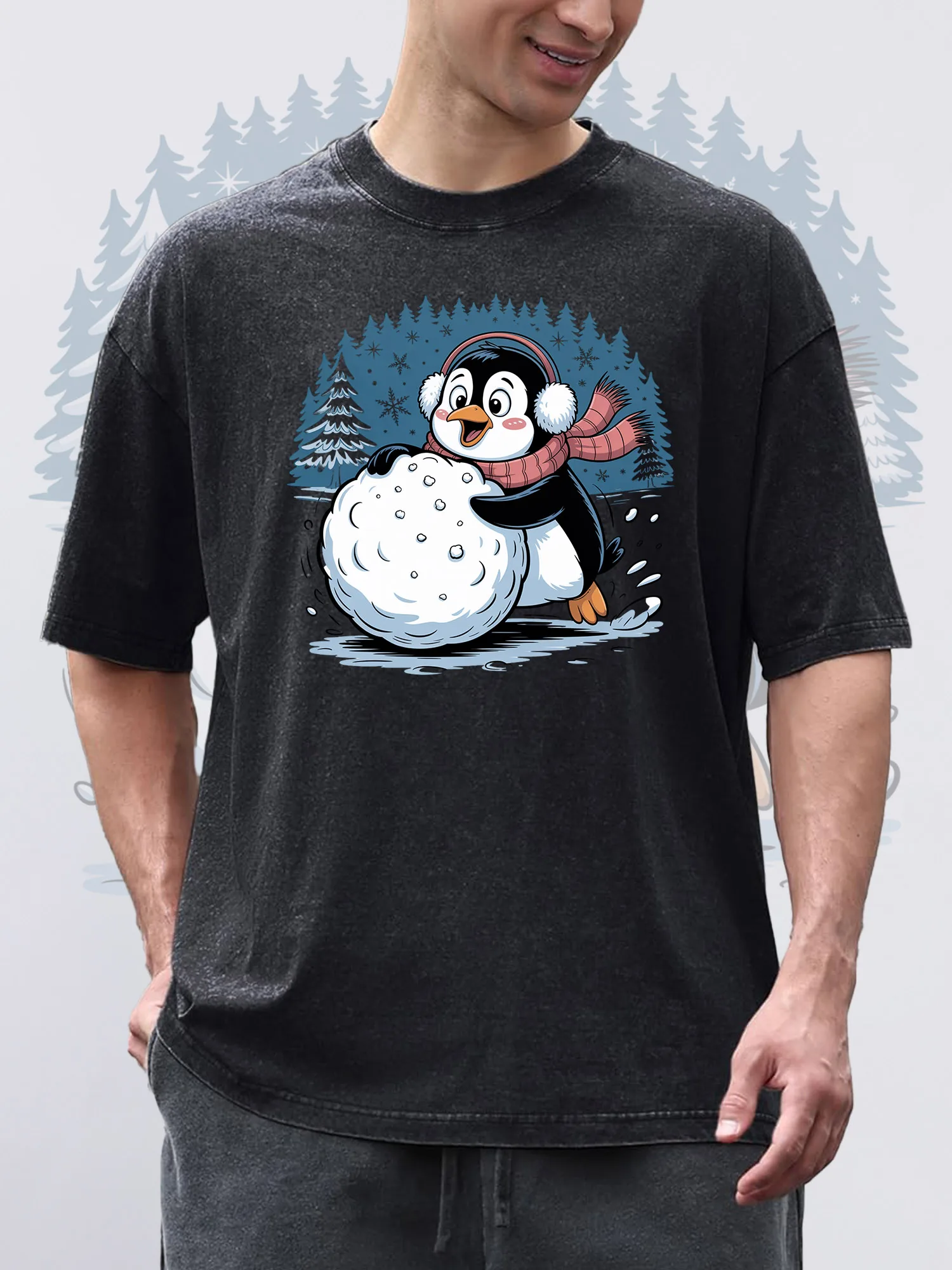 

Men's T-Shirts Penguin Printed Black Short-Sleeved Round Neck 100% Pure Cotton Acid Wash Suitable For Christmas
