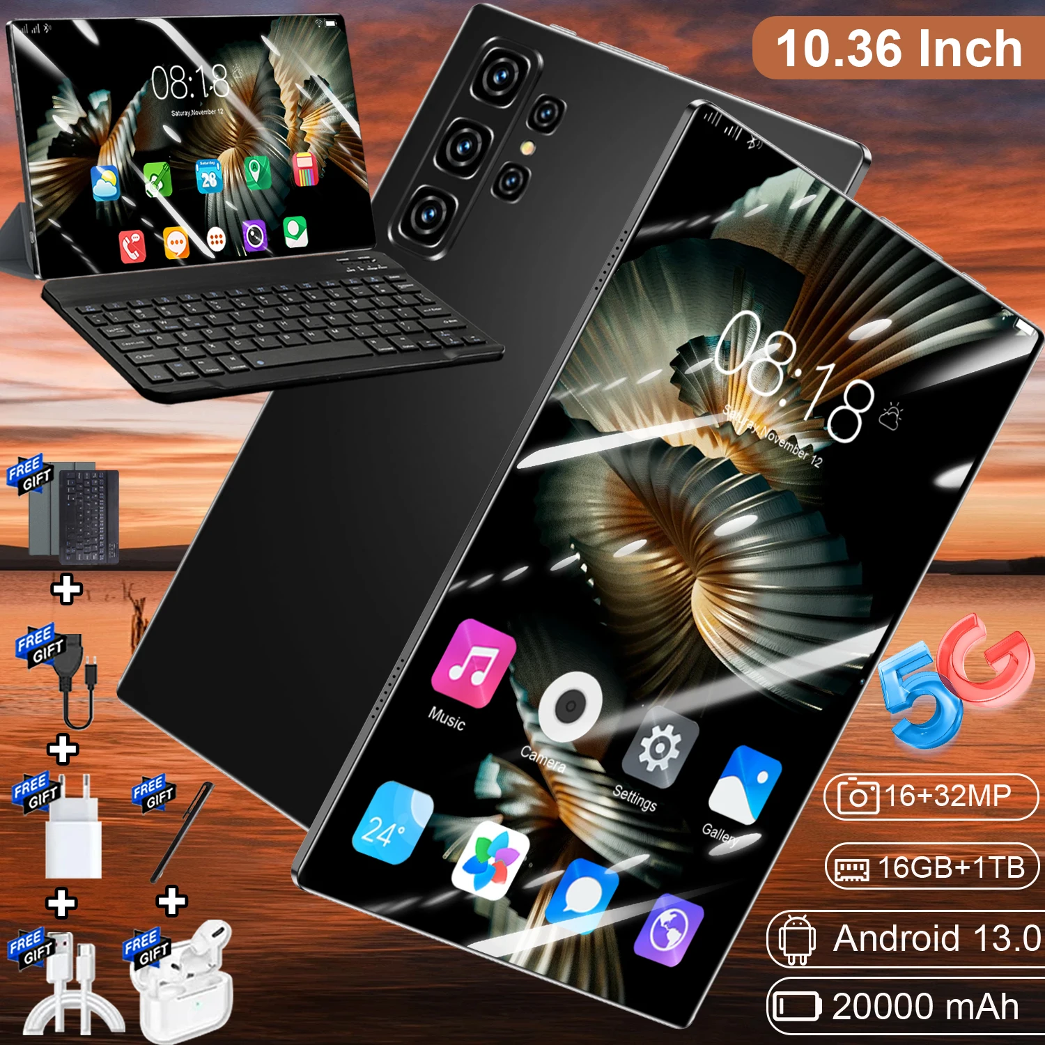 Tablette Android 13 de 10,36 pouces, processeur 14 cœurs, 16 Go de RAM, 1 To de ROM, batterie 20000 mAh, double SIM 5G et Wi-Fi, double appareil photo 16MP+32MP pour les jeux, les appels vidéo, le streaming et les besoins multimédias quotidiens
