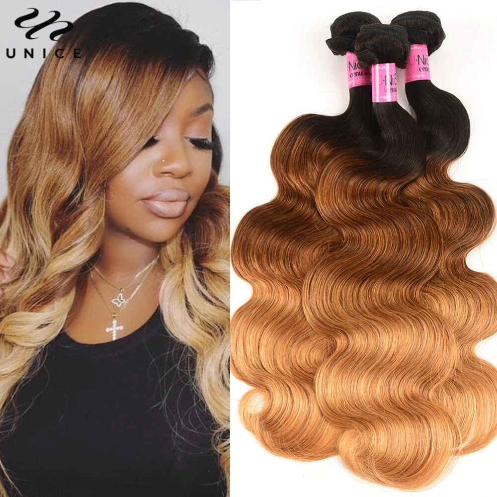 

UNice 1B/4/27 Ombre Body Wave Human Hair Bundles 1/3/4 PCS Deal Quick Weaves Sew-In Extensions 3 Tones Colored Hair Bundles