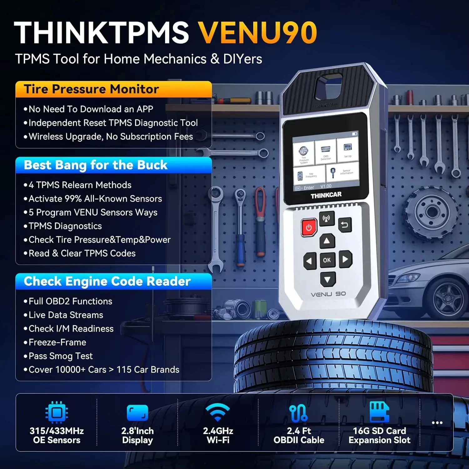 New THINKCAR VENU 90 TPMS Activation Tool  Automotive TPMS Sensor Programming Learning Activator Work On 315 433MHz DTCs Pk T90