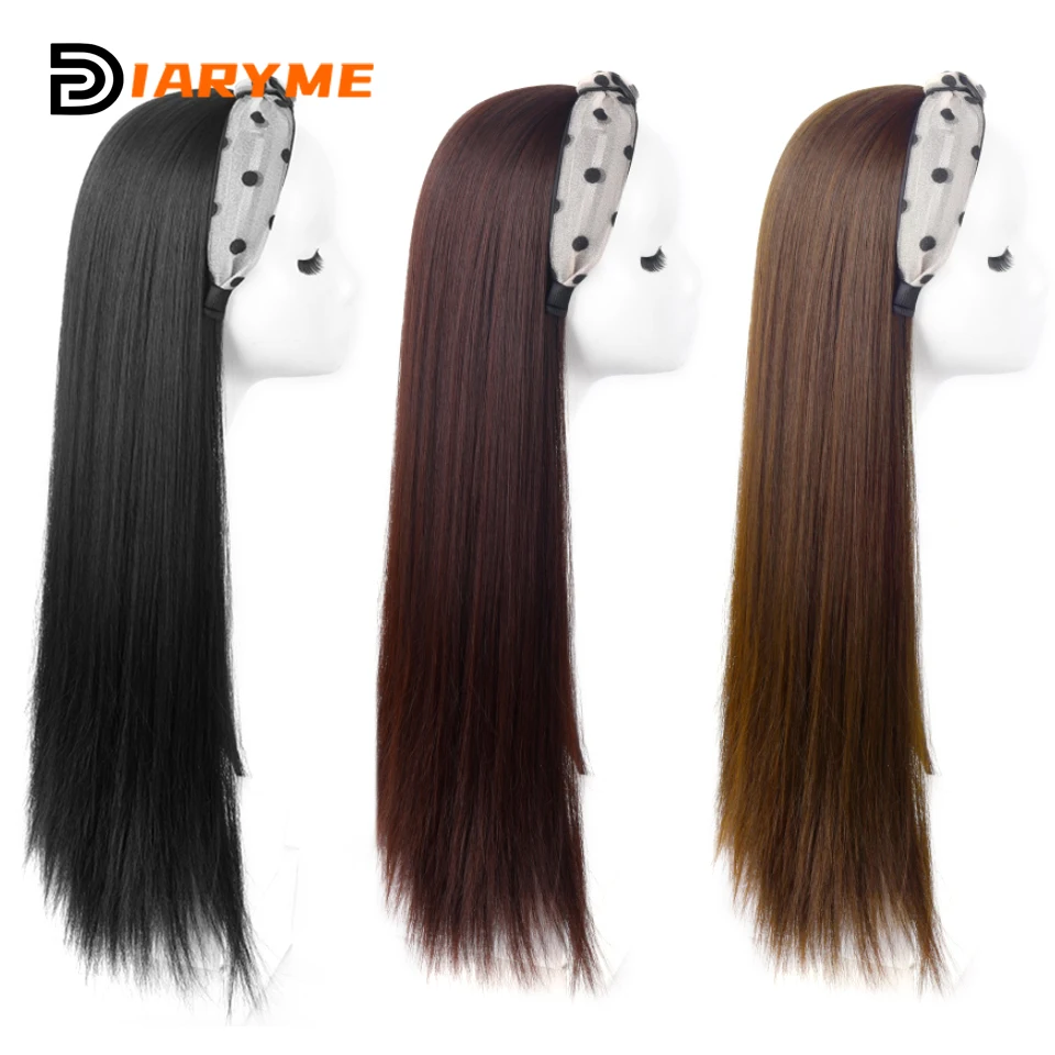 DM Headband Wig Hair Extension Synthetic Long Straight Hair With Hair Band Black Brown Wigs For Women U-shaped Half Head Wig