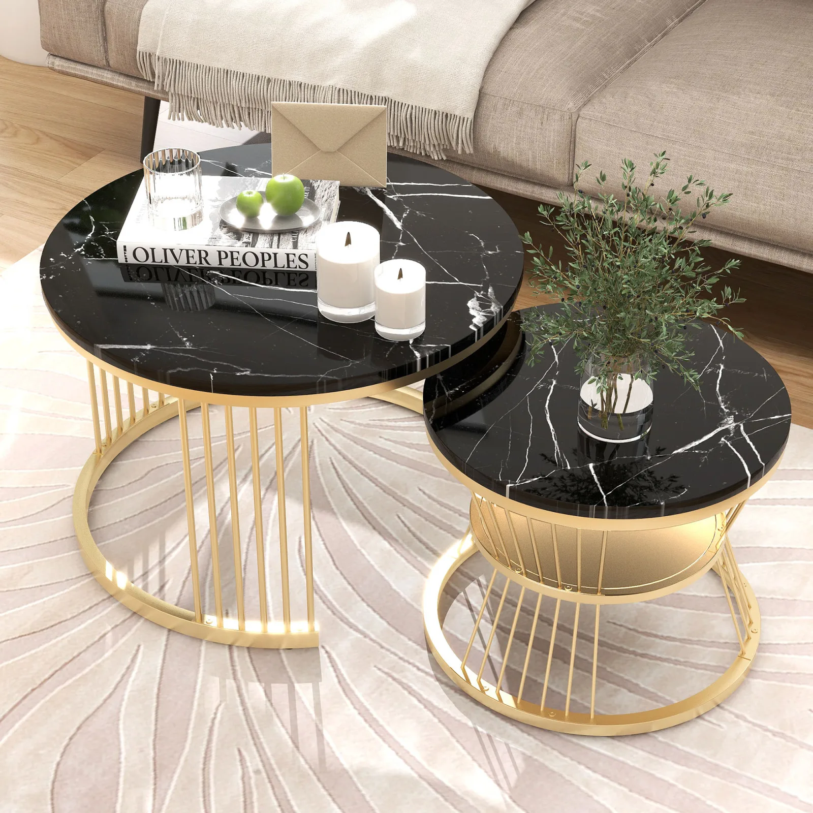 Modern Nesting Coffee Table, Coffee Table Set Marble Veneer of Tables Round Tables, Set of 2