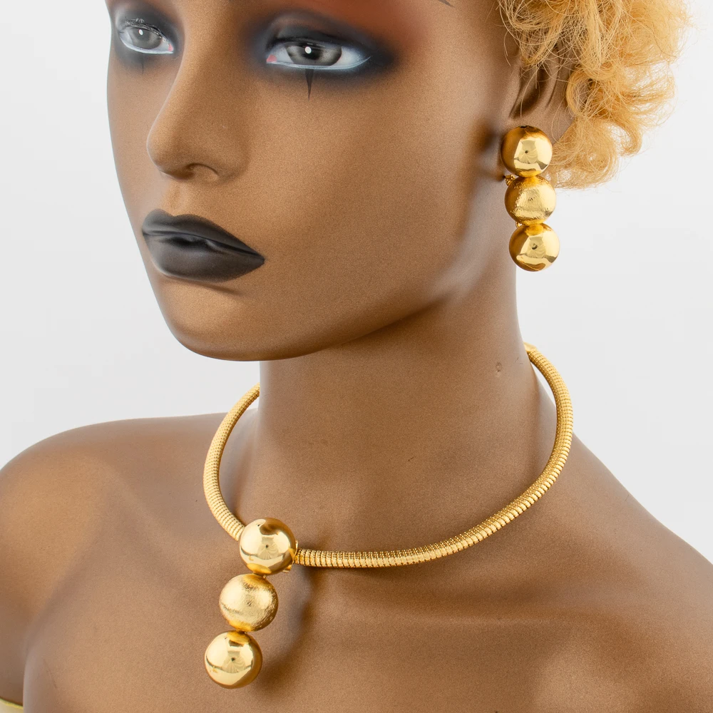 2024 Trend Jewelry Set for Women Gold Color Beads Necklace and Clip Earrings with Bracelet Ring Set for African Dubai Weddings