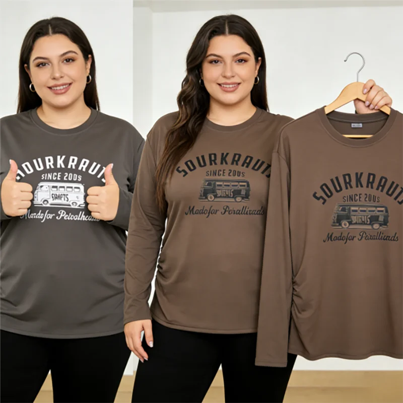 

Женская футболка больших размеров с длинным рукавом 40-150 кг, топ с американским ретро-графическим принтом, облегающая повседневная футболка, модная осенняя одежда оверсайз