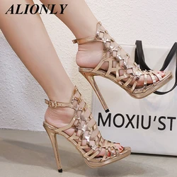 Alionly Golden Fish Mouth Crystal  2024 Summer New Shoes For Women  Banquet Stiletto Sandals Heel Height 13cm Chaussure Femme