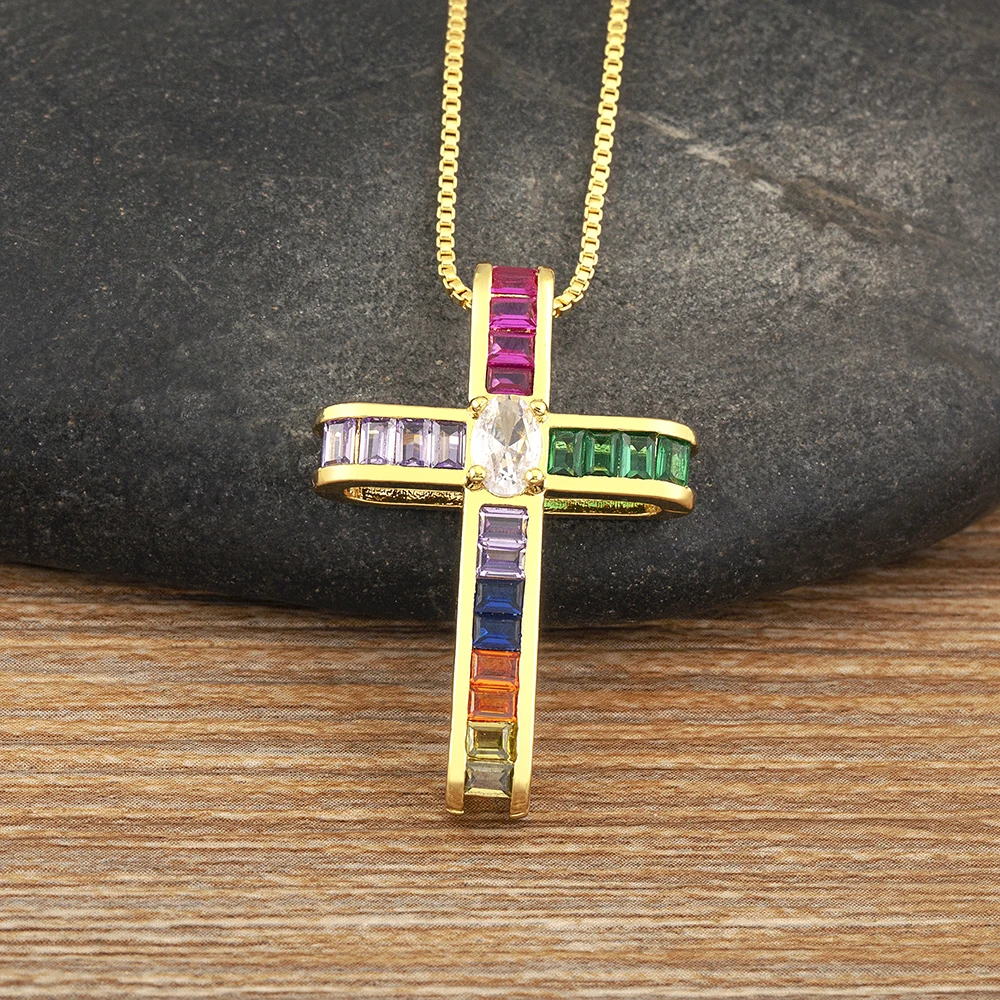 Nidin New Trendy Religious Style Inlaid Colorful Zircon Cross Pendant Necklace For Women Christian Clavicle Chain Accessories