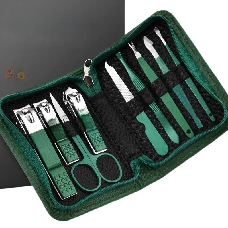 Groen 6-18 stuks manicureset met lederen tas Professionele voet- en gezichtsverzorging gereedschapssets Roestvrijstalen nagelknippersets Cadeau - afbeelding 2