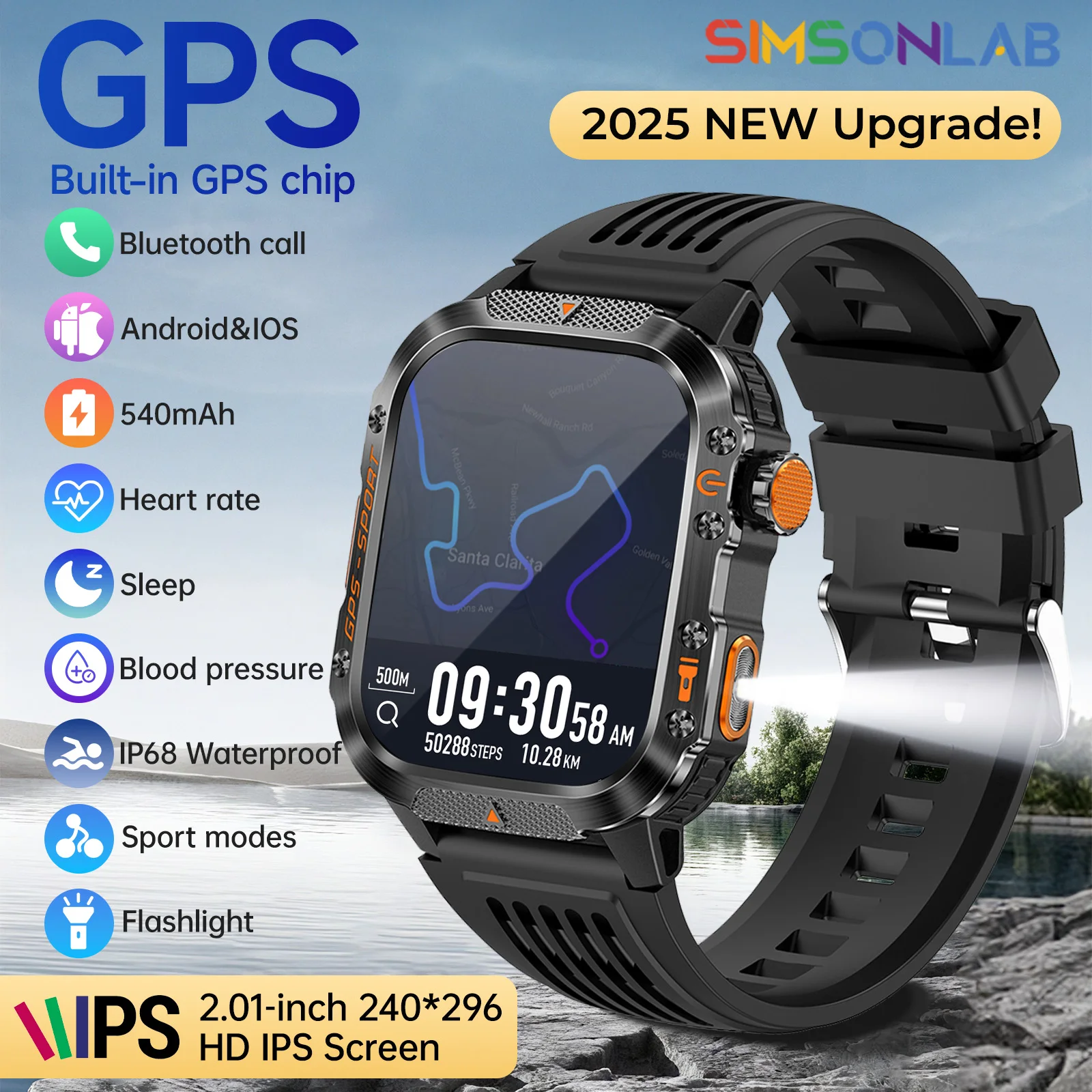 

Смарт-часы с GPS-фонариком, 2,01-дюймовый IPS-экран, водонепроницаемые режимы нескольких видов спорта, мужские и женские умные часы с Bluetooth для Android и IOS