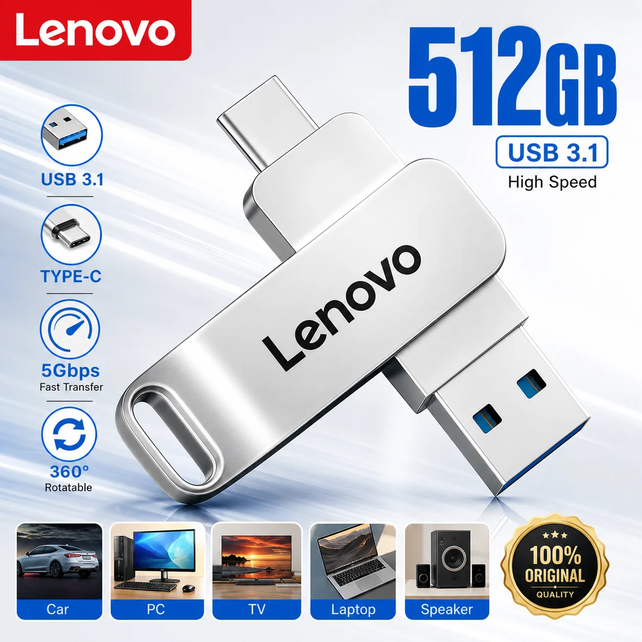 Lenovo High-Speed Type-C 2-in-1 USB Flash Drive OTG Pen Drive Memory Stick U Disk 512GB 128GB 256GB for Phone PC Network Card
