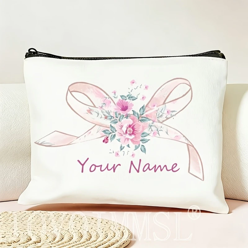 Bolsa de Maquillaje Plegable con Lazo Rosa Floral y Texto Personalizado, Ligera, con Parte Superior Abierta, Lavable, para Viajes, Gimnasio, Fiestas, Uso Diario