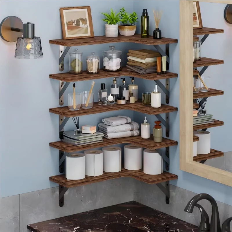 

5pcs 16.1In Floating Shelves for Wall, Wall Mounted Corner Shelf，For Bathroom, Kitchen, Bedroom, Laundry Room, Living Room, Blac