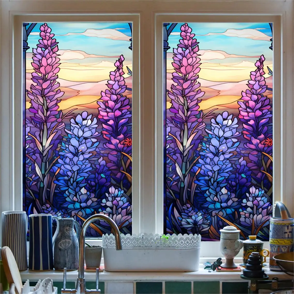 1pc Lavender Flowers Colorful Glass Window Film Decoration Electrostatic Privacy Glass Film Window Film Bedroom Living Room